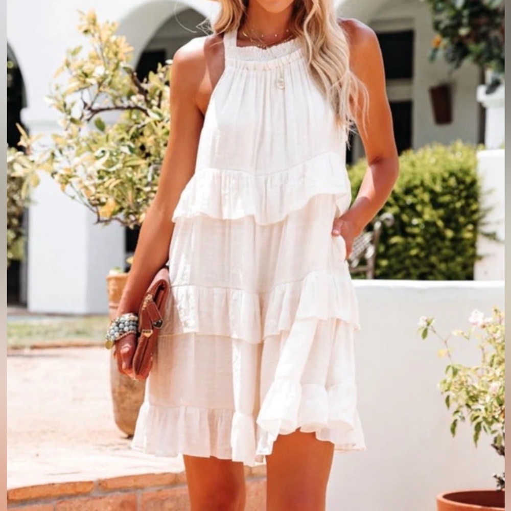 Listicle Tiered Ruffle High Neck‎ Mini Dress Ivory Cream Size XL Boho Summer